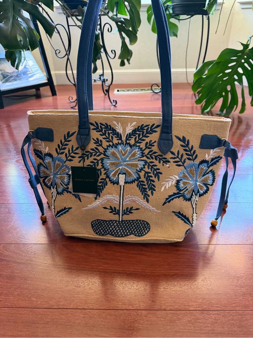Embroidered Straw Tote with Blue Floral Detail